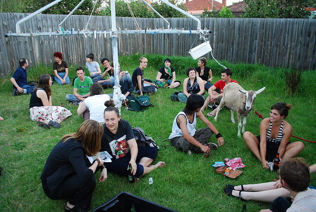 After the goat walk, reconvening at the headquarters of the West Brunswick Sculpture Triennale, photo by Stuart Harrison.